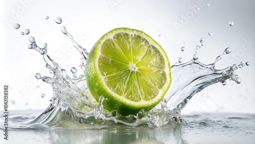 Dynamic lime splash frozen in mid air on pure white Macro