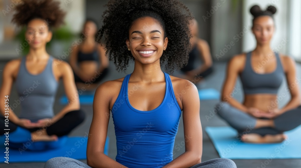 Smiling Woman Meditating in Yoga Class with Other Women Smiling Woman Meditating in Yoga Class with Other Women