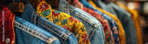 Several different colored shirts hanging on a rack in a store, banner