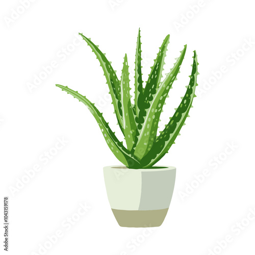 A vibrant aloe vera plant in a decorative pot, showcasing a modern graphic style on a clean white background