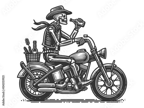 skeleton biker riding a motorcycle, wearing a scarf and hat, depicting a cool, rebellious vibe sketch engraving generative ai vector illustration. Scratch board imitation. Black and white image.