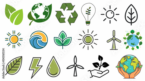 set of green eco icons. environment, Solar energy, Water energy, Renewable energies, Wind Energy