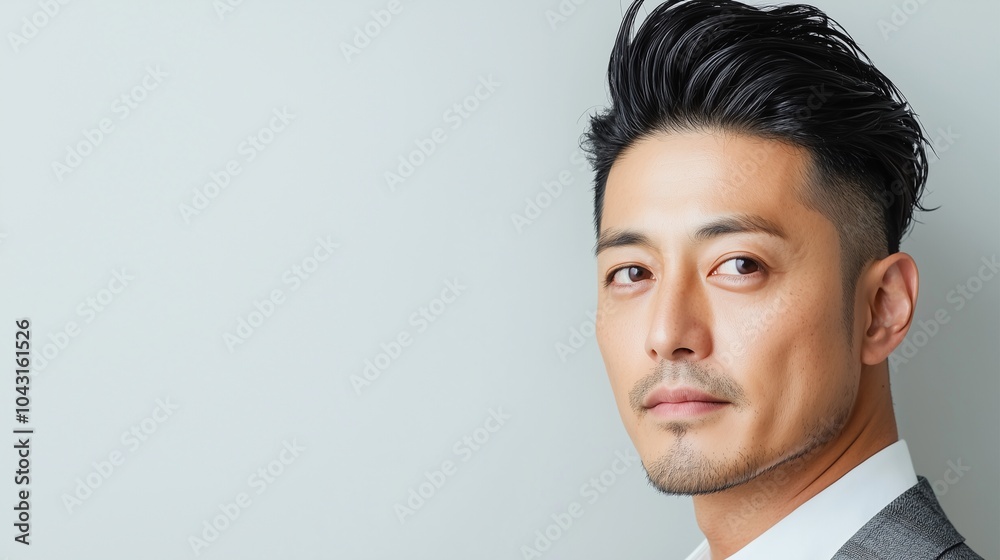 A Japanese businessman with a modern comb-over fade, the top section carefully swept to one side A Japanese businessman with a modern comb-over fade, the top section carefully swept to one side