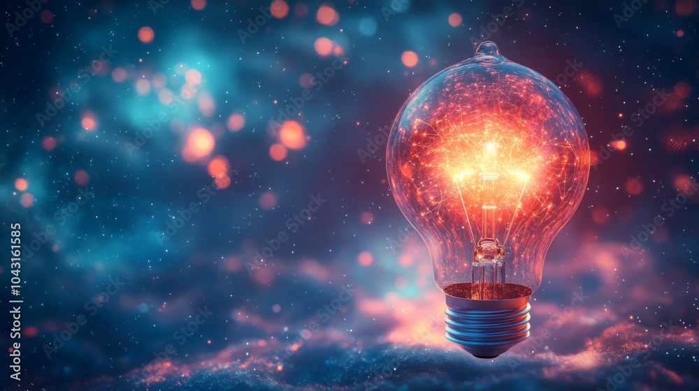 Glowing light bulb with a spark of fire inside against a dark blue and red background.