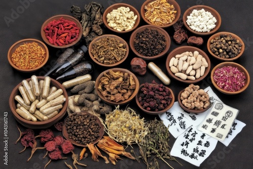 Various dried herbs and capsules used in traditional medicine.