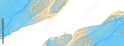 
Horizontal background with blue waves and golden lines. Abstract sea, ocean view. Elegant, chic backdrop, cover, card, invitation, business style design. Glitter sparkles, golden powder. Alcohol ink.