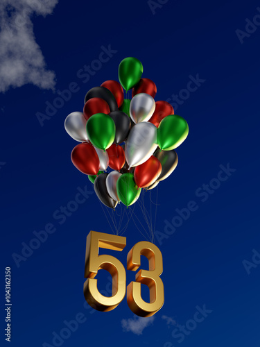 UAE's 53rd National Day Celebration with Balloons Taking off No. 53, 3D Illustration Render