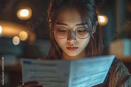 Young Asian woman looking at credit card invoice in her hands and worry about cash on bills payday, Generative AI