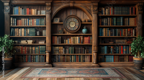 Blurred bookshelf background.Bookshelf in Library with antique books. 3d rendering.