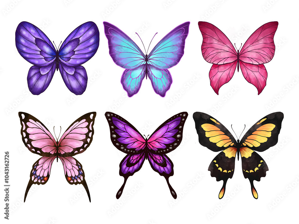 Obraz premium Butterfly Collection Illustration Set. Beautiful Watercolor Tropical Moths Isolated on White Background. Flying Cute Insects with Colorful Wings