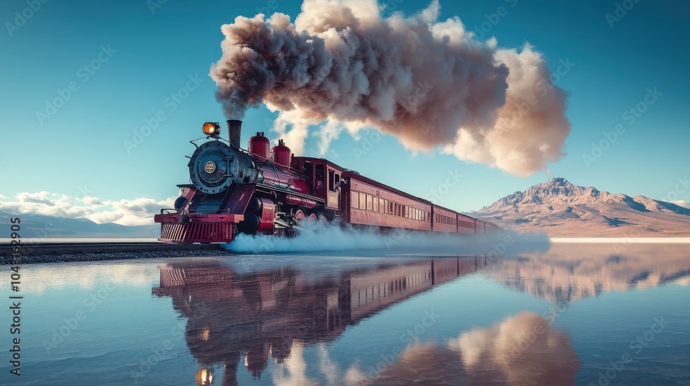 Fototapeta premium Antique steam train running on railway tracks near water with reflection and mountain background