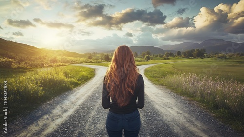 Wallpaper Mural woman in front of two roads thinking deciding hoping for best taking chance.  Torontodigital.ca
