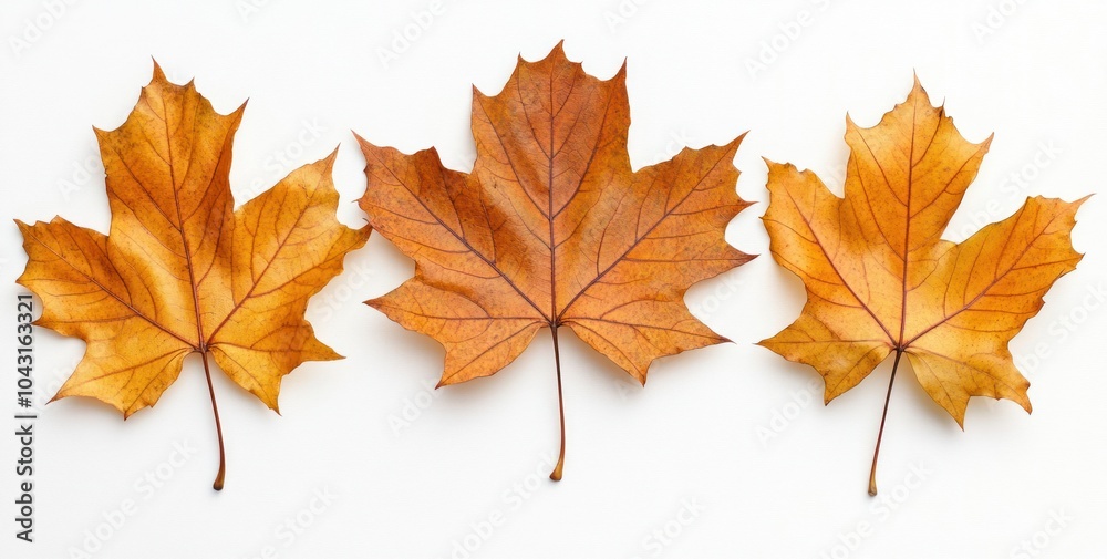 Three autumn leaves in shades of orange arranged on a white background. Three autumn leaves in shades of orange arranged on a white background.