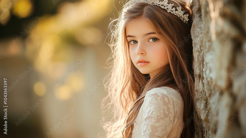 A little girl in a white costume and tiara, looking to the camera with smart model acting on blurred background. A little girl in a white costume and tiara, looking to the camera with smart model acting on blurred background.