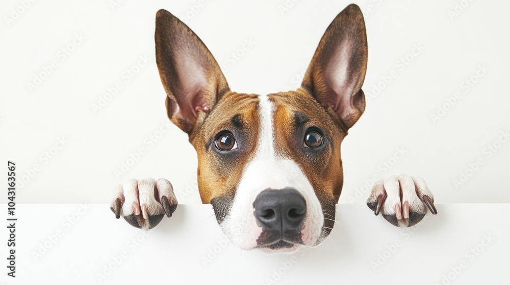 A curious dog peeking over a white surface with expressive eyes and ears. A curious dog peeking over a white surface with expressive eyes and ears.