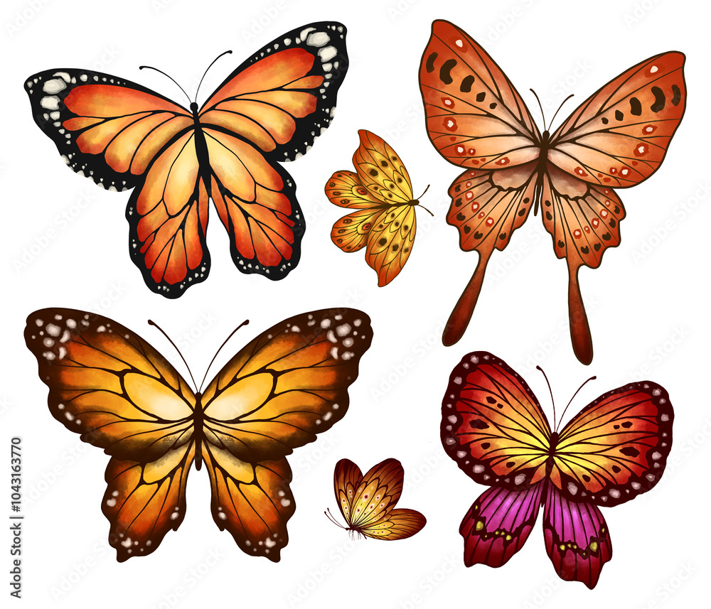 Obraz premium Butterfly Collection Illustration Set. Beautiful Watercolor Tropical Moths Isolated on White Background. Flying Cute Insects with Colorful Wings