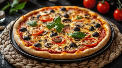 Delicious pizza lying on black plate on dark background