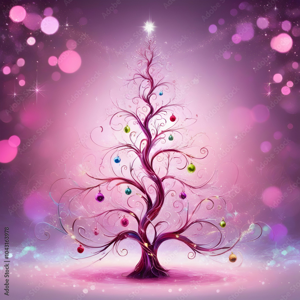 An abstract Christmas tree glowing with magical lights, set against a pink and violet bokeh background, An abstract Christmas tree glowing with magical lights, set against a pink and violet bokeh background,