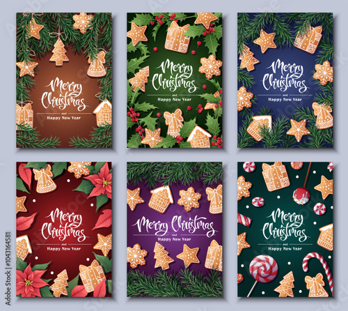 Set of Christmas, greeting cards. Merry Christmas and Happy New Year. Poster, banner with gingerbread cookies and fir branches