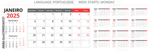 Set of PORTUGUESE monthly calendar for 2025 year. Vector collection with stylish design illustration Portugal