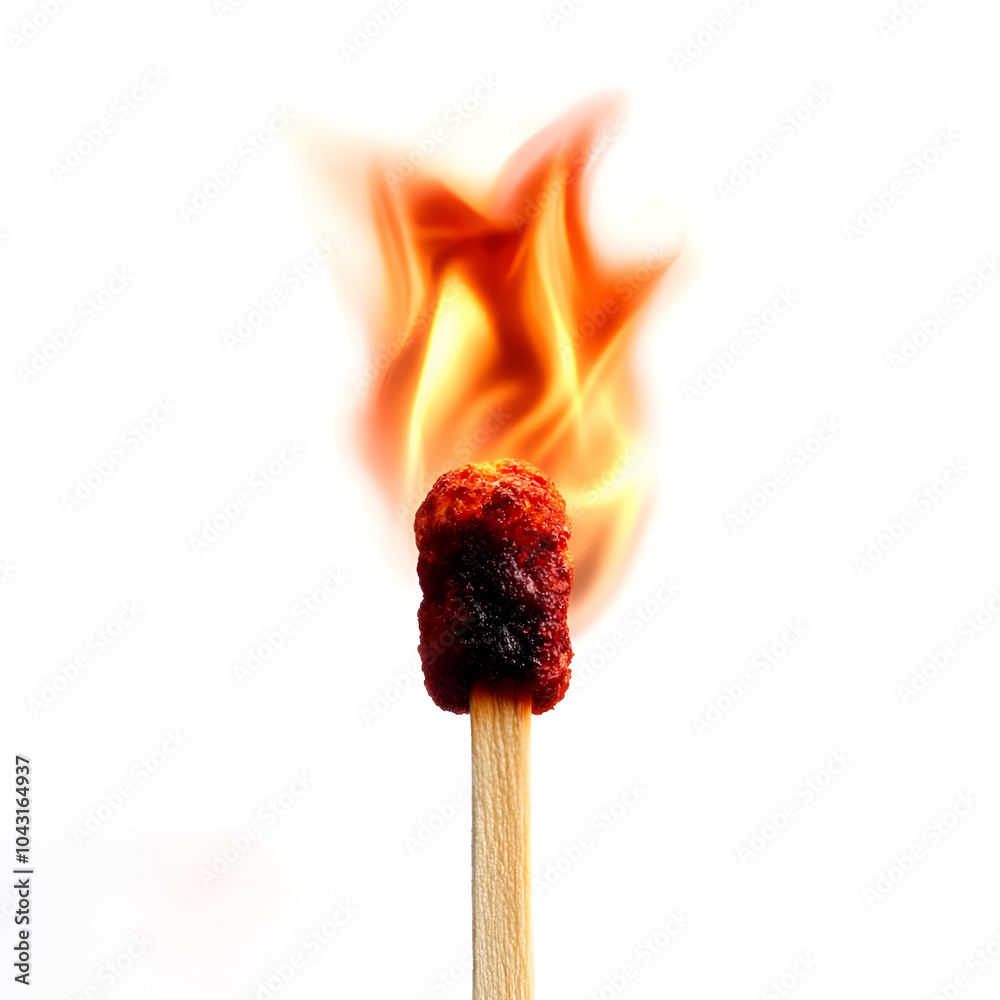 Burning matchstick with flame, white isolated background Burning matchstick with flame, white isolated background