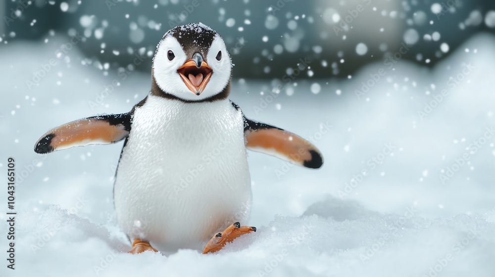 A joyful penguin waddles through the snow, embracing winter wonderland with its flapping wings and bright expression amidst falling snowflakes. A joyful penguin waddles through the snow, embracing winter wonderland with its flapping wings and bright expression amidst falling snowflakes.