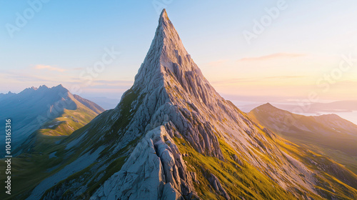 Majestic sharp mountain peak at sunrise, surrounded by lush green valleys and illuminated by warm golden sunlight | AI Created