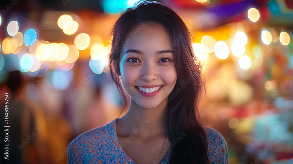 Obraz premium A young woman with a radiant smile stands in front of vibrant bokeh lights at night