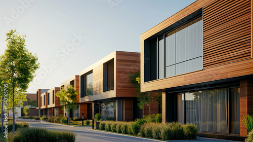 Contemporary townhouses with wooden facades and large windows under a bright sky