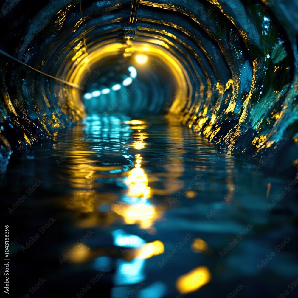 Fototapeta premium Illuminated Underground Water Tunnel Reflecting Light and Shadows in a Unique Perspective