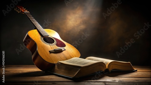 Guitar and bible in dimly lit environment, worship