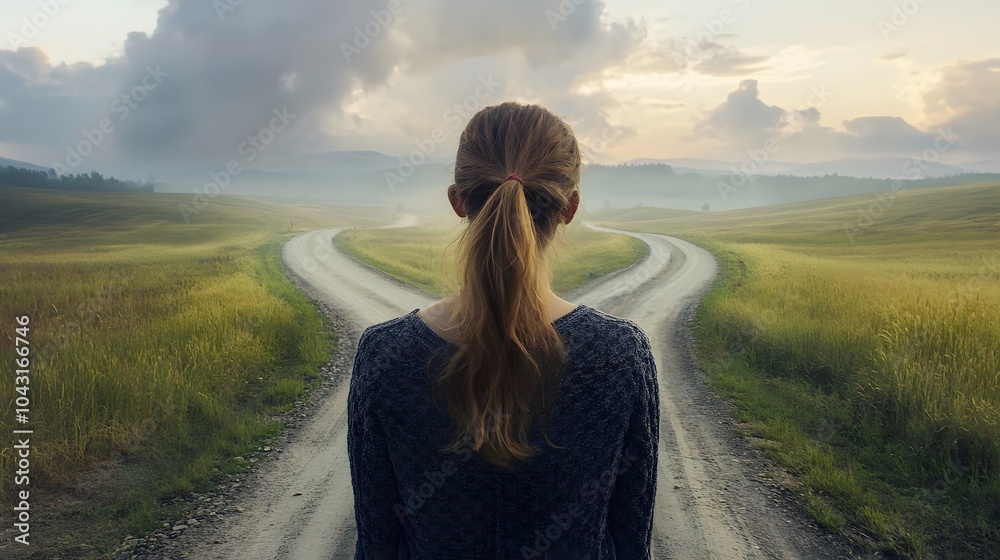 woman in front of two roads thinking deciding hoping for best taking chance. woman in front of two roads thinking deciding hoping for best taking chance.