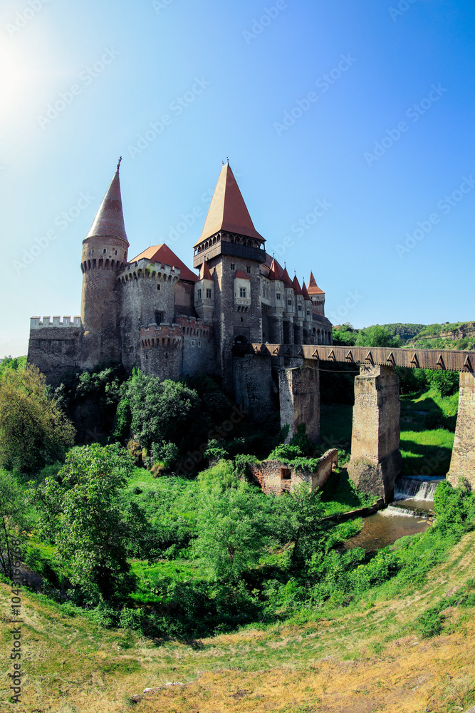Fototapeta premium Corvin Castle in Romania surrounded by greenery on a sunny day