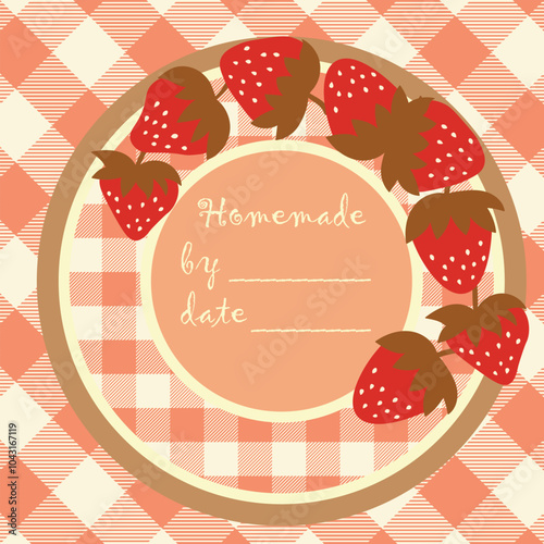 Template jam label design. Retro homemade label. Strawberry marmalade dessert product. Doodle vector illustration