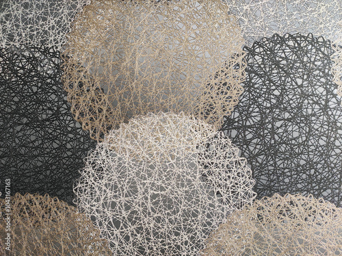 Wall facade in the form of openwork patterned round gold, white, black napkins. Minimalistic simple background. Close-up