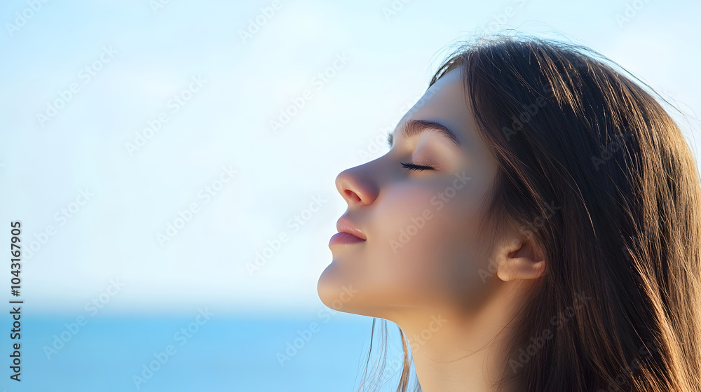 Serene Brunette Inhaling Fresh Sea Air in Idyllic Coastal Setting Serene Brunette Inhaling Fresh Sea Air in Idyllic Coastal Setting
