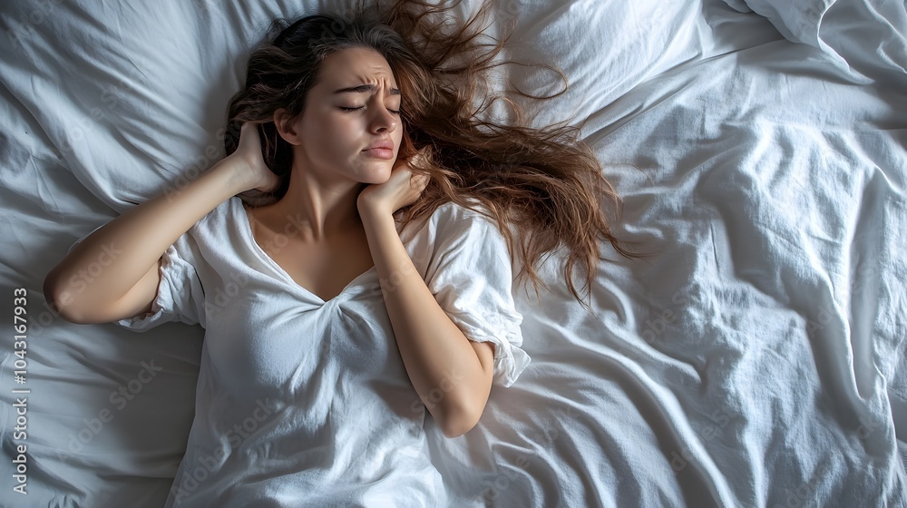 Sad and Exhausted Woman Resting in Bed with Closed Eyes Sad and Exhausted Woman Resting in Bed with Closed Eyes