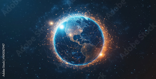 Abstract glowing planet Earth with global network and connectivity concept, data transfer and cyber technology on a dark background photo