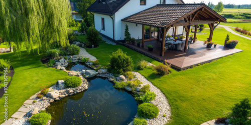 Charming rustic villa with a cozy garden and scenic pond beneath a large willow tree photo
