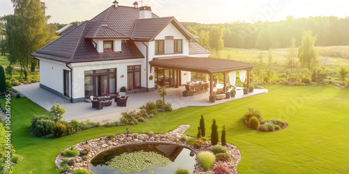 Modern countryside villa with large terrace, lush garden, and scenic pond reflecting the morning light photo