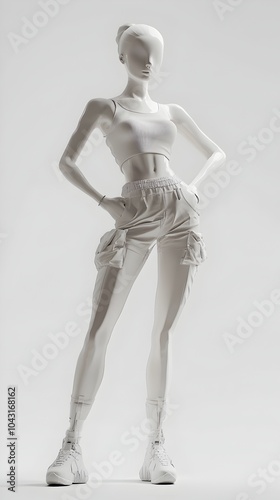 High Fashion White Female Mannequin in Runway Pose on Plain Background