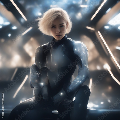 Woman in shiny futuristic suit.