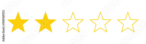 Two out of five stars customer product review icon. Yellow 2 star rating feedback for website, app, ui design. Vector illustration.