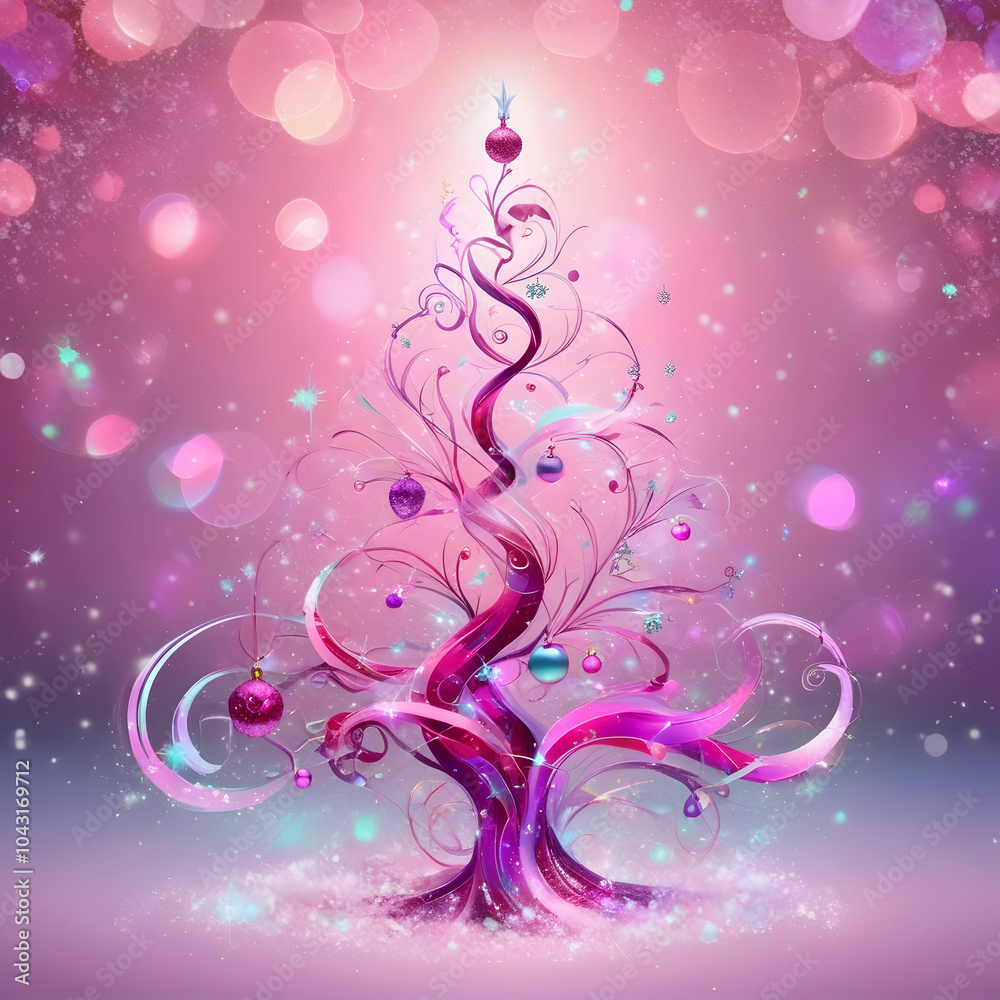 An abstract Christmas tree glowing with magical lights, set against a pink and violet bokeh background, An abstract Christmas tree glowing with magical lights, set against a pink and violet bokeh background,
