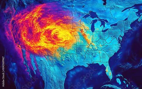 This vivid weather map shows a dramatic climate pattern over North America, highlighting extreme temperature contrasts from coast to coast.