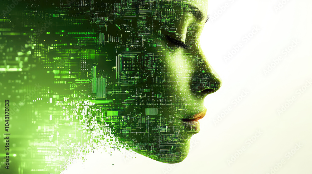 Profile of a face blending with green circuits, representing the fusion of humanity and technology in a digital age. Profile of a face blending with green circuits, representing the fusion of humanity and technology in a digital age.