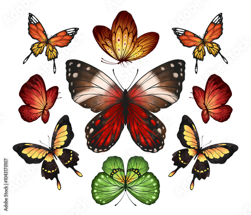 Butterfly Collection Illustration Set. Beautiful Watercolor Tropical Moths Isolated on White Background. Flying Cute Insects with Colorful Wings