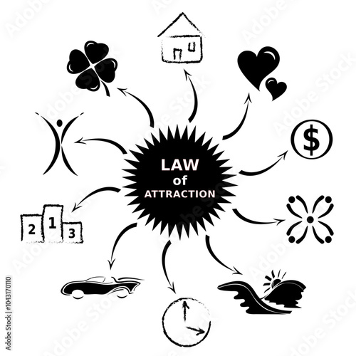 Illustration Icones Loi de l'Attraction - Law of Attraction - Succès Affaires Vie Vecteur Noir et Blanc