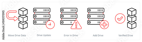 A set of 5 mix icons as move drive data, drive update, error in drive