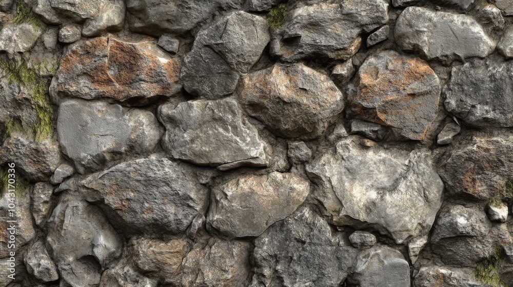 Fototapeta premium Close-up of a weathered stone wall with green moss growing in the cracks.